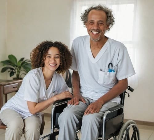 Elderly in a wheelchair and female nurse smiling